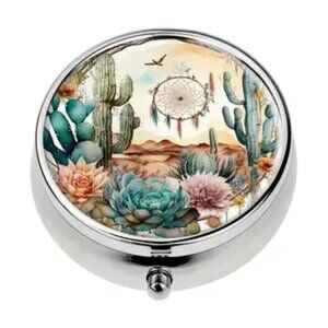 1pc.  Watercolor Cactus Round Pill Box